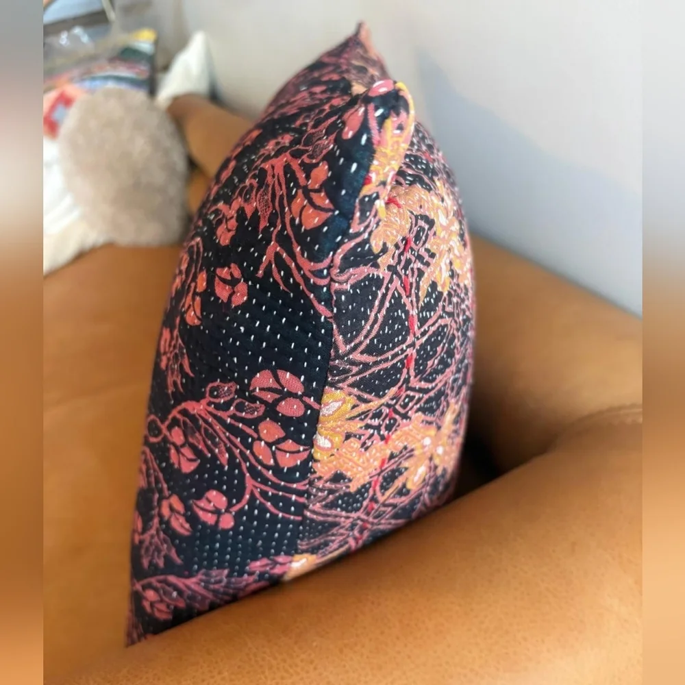 NWT Vintage One Of A Kind Sari Kantha Pillow-22in Black and Orange Floral